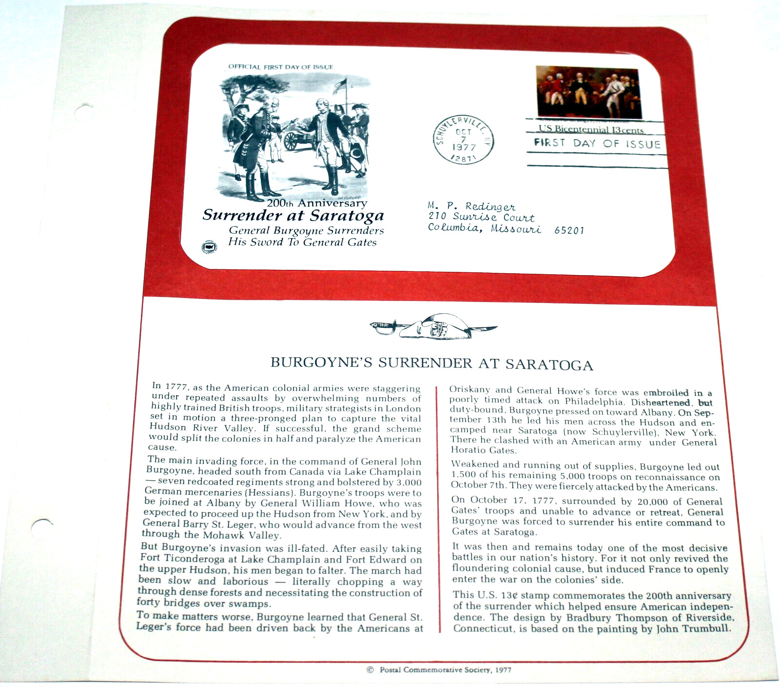 First Day of Issue Souvenir Page Burgoynes Surrender Saratoga 1977 Stamp