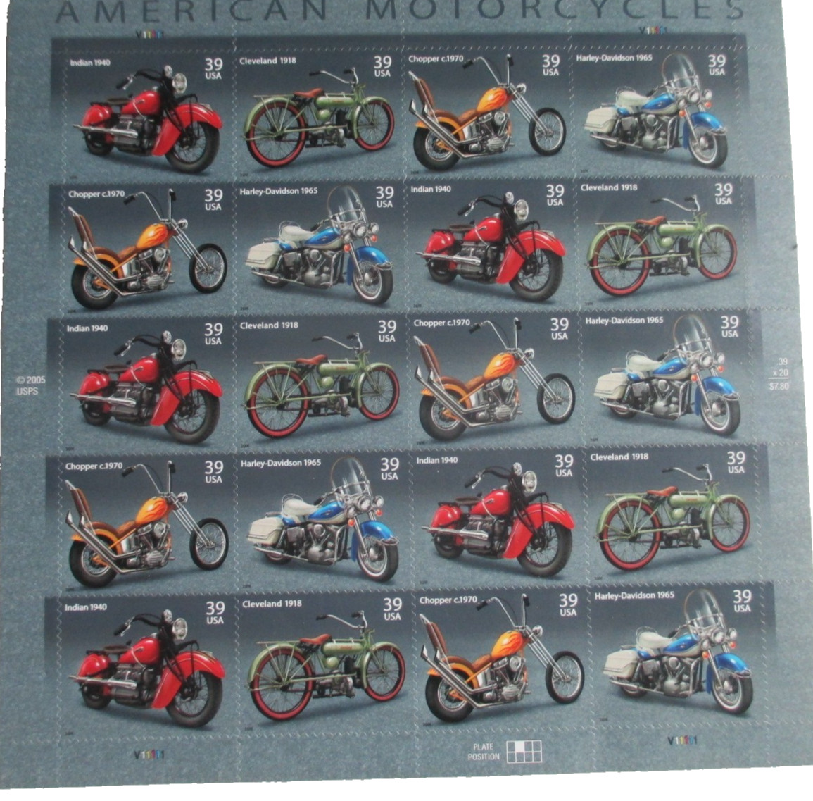 2005 United States 39¢ American Motorcycles Postage Stamp Full Sheet of 20