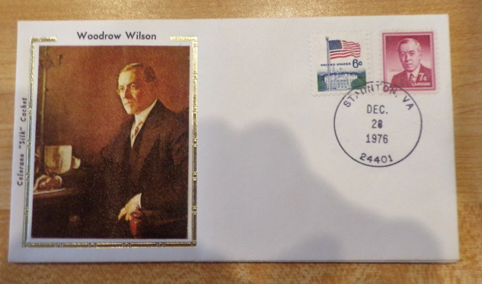 Stamp – Woodrow Wilson, 6 & 7 Cent Stamp, 12-28-1976, Colorano “Silk”