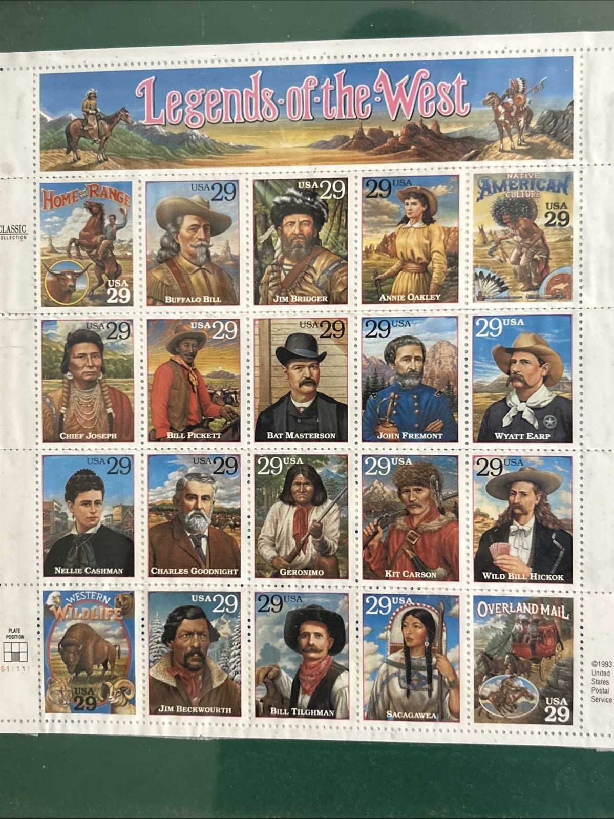 LEGENDS OF THE WEST # 2869 USA 1993 29 Cent Collector Stamps Sheet.