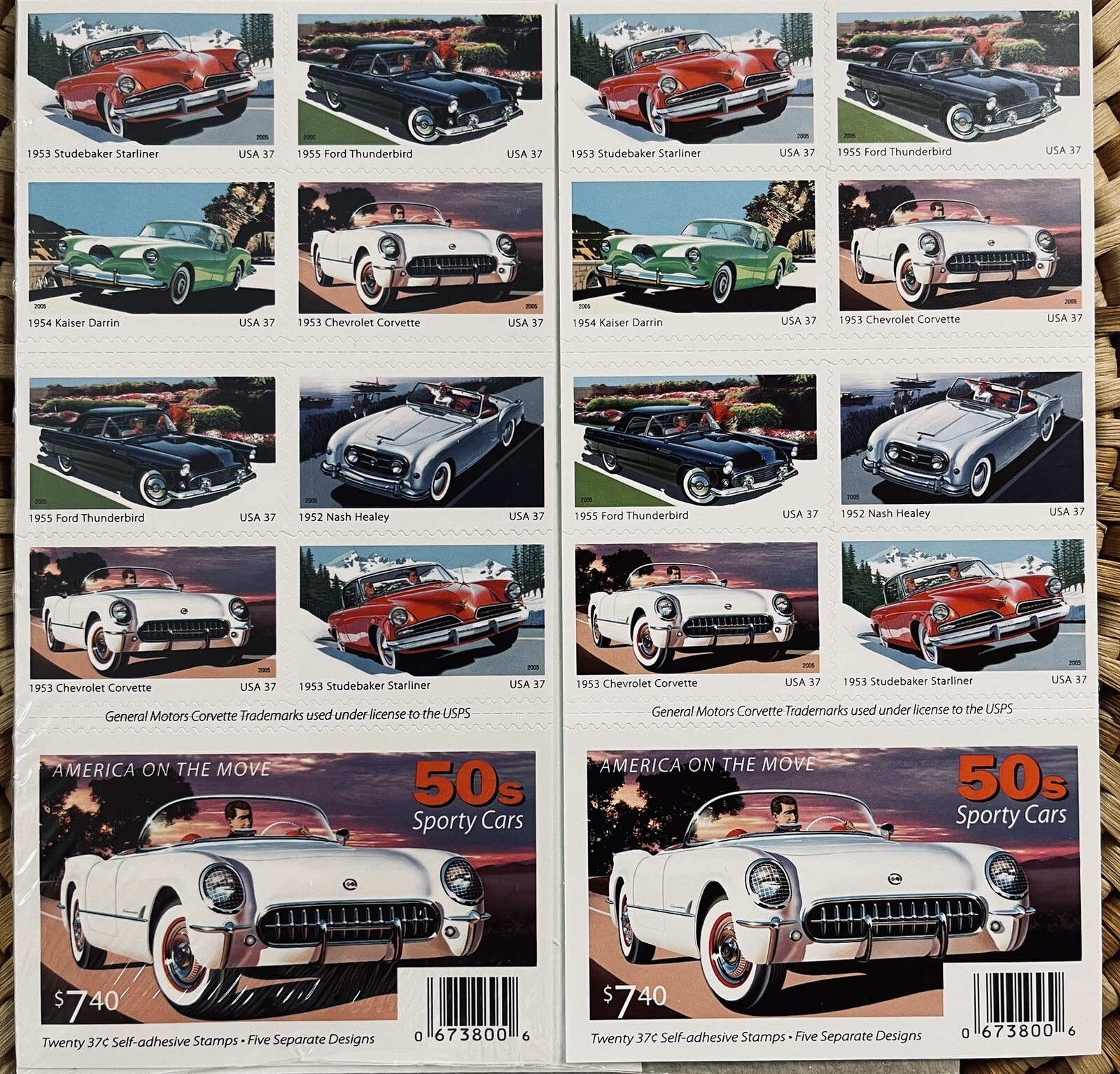 2005 US AMERICA ON THE MOVE 50’s SPORT CARS 2 PANES /BOOKLETS OF 20 STAMPS 37c