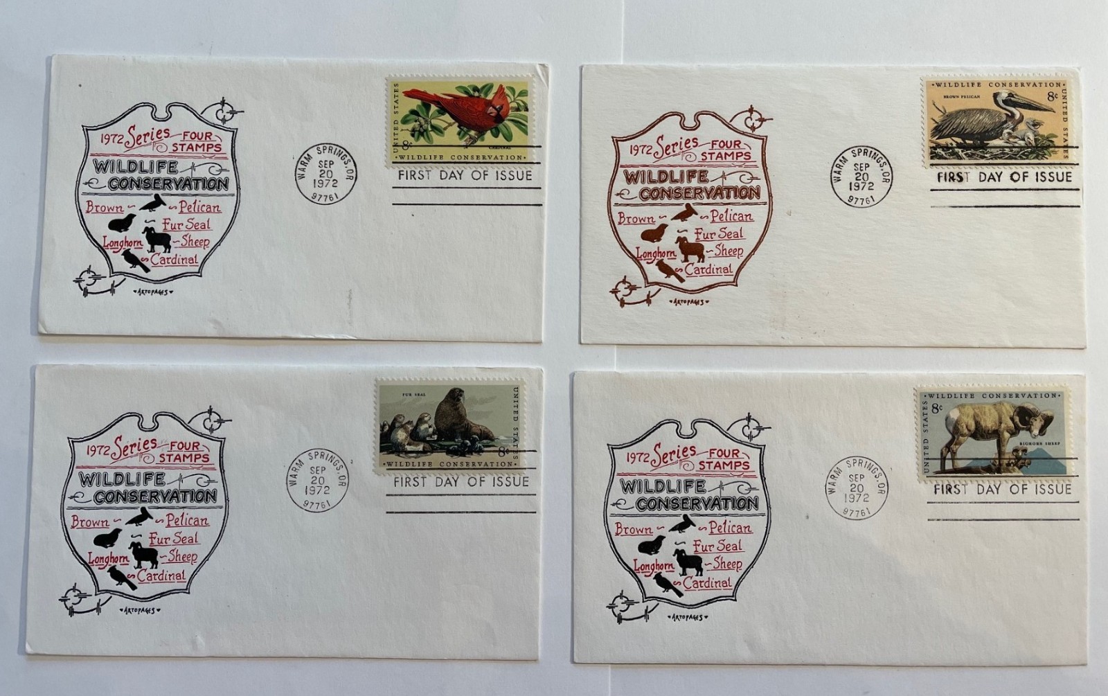 1972 Wildlife Conservation US Postage Stamp FDCs, Artopages Cachets, 1464 – 1467