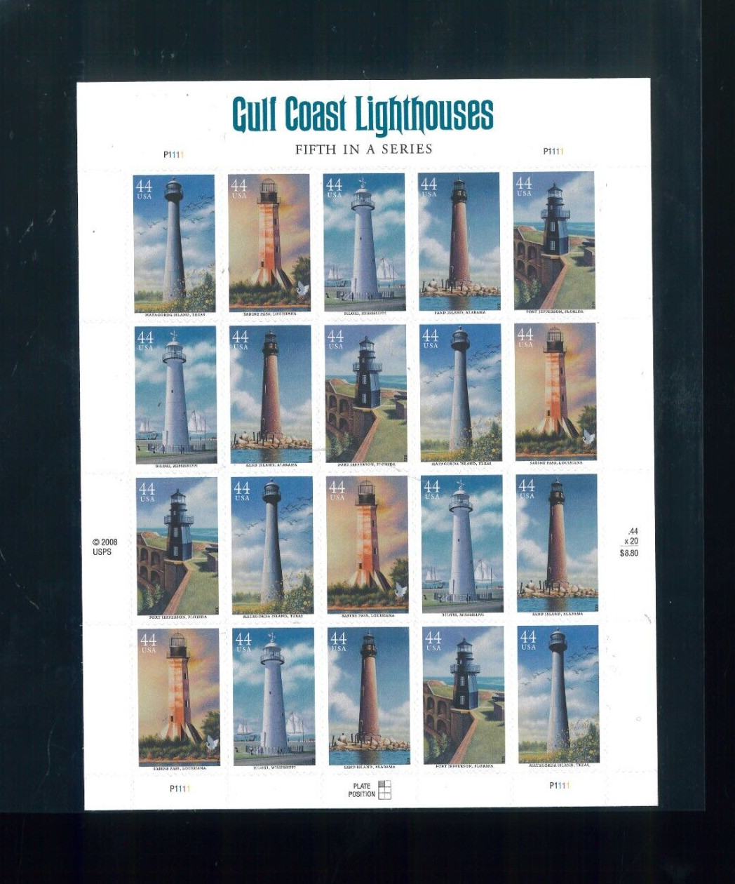 United States 44¢ Gulf Coast Lighthouses Postage Stamp #4409-13 MNH Sheet