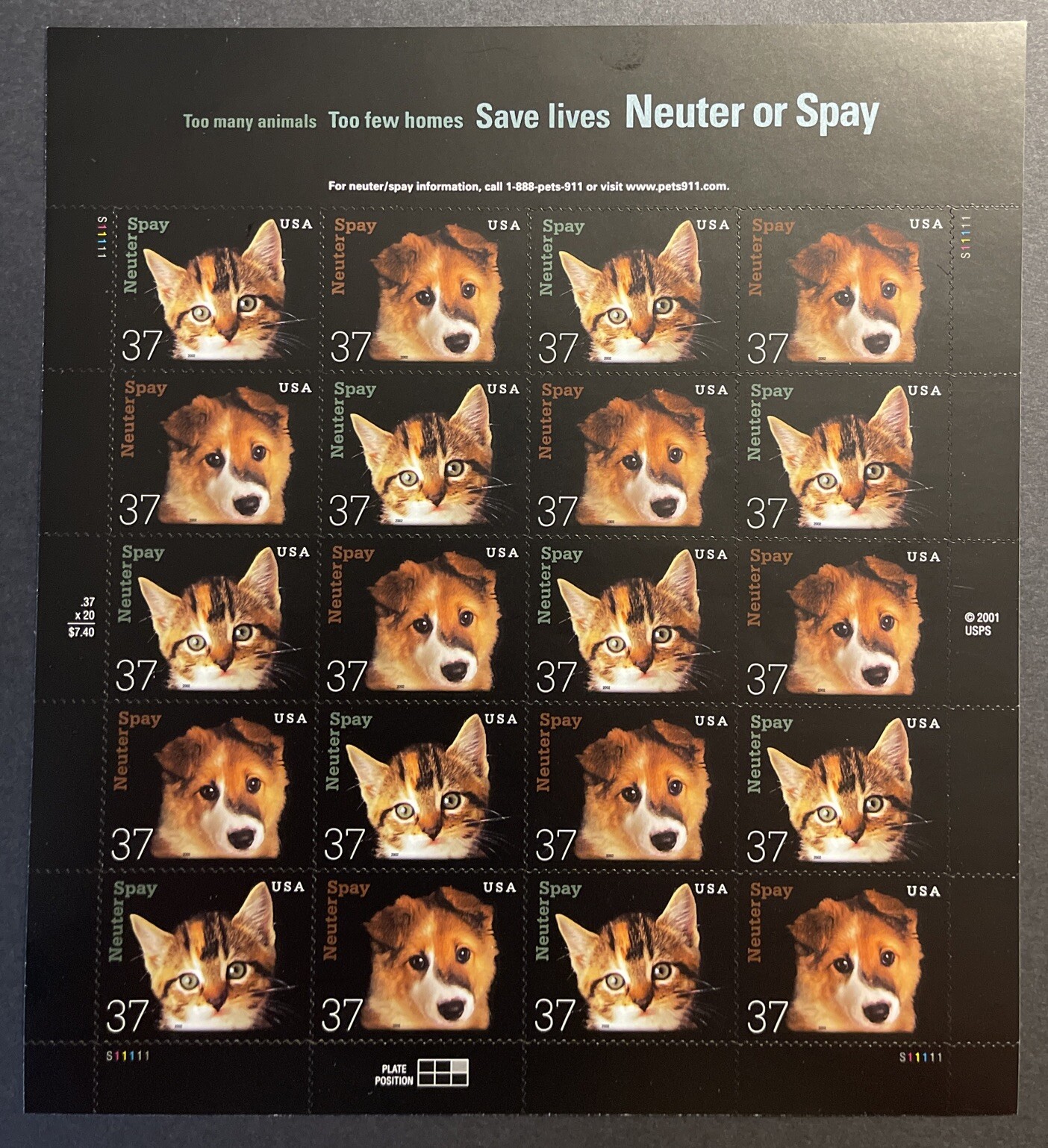 37c Neuter or Spay Commemorative US Postage 20 Stamps Full Page Mint 2001