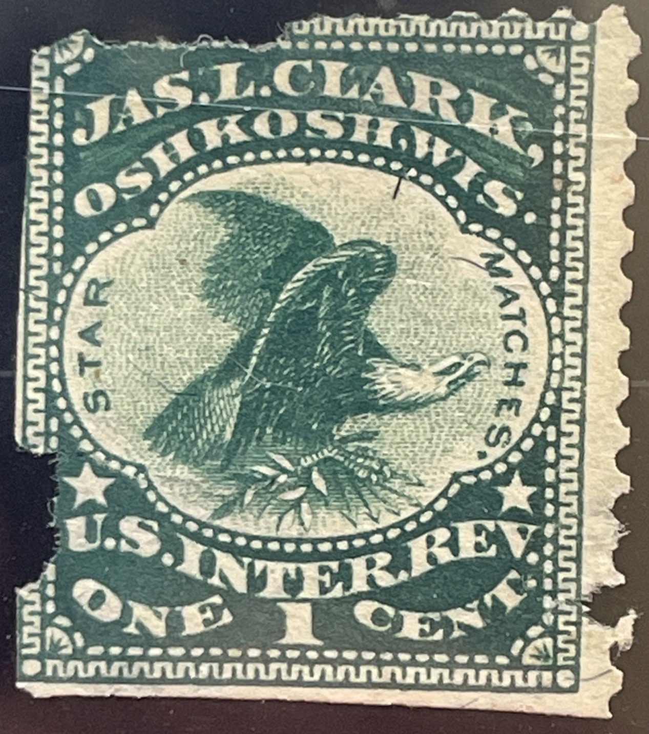 Jas.L.Clark, Oshkosh, WIS Star Matches Green Eagle 1C Stamp