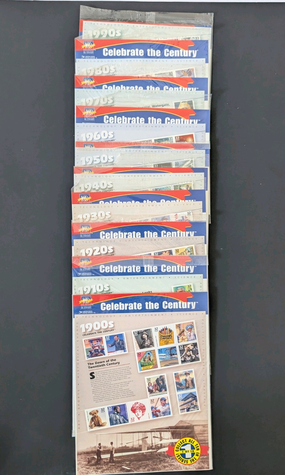 New Unopened CELEBRATE THE CENTURY 1900-1990 Complete 10 Sheet Set US Stamps USA
