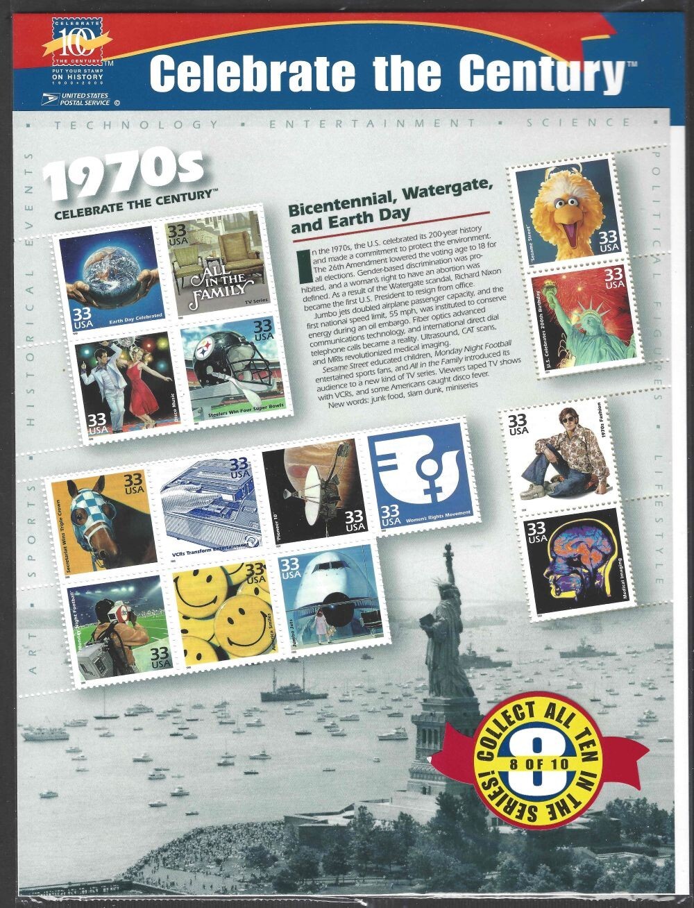 US Scott #3182-3191 32¢/33¢ Celebrate The Century 1900s-1990s 10 panes 1998-2000
