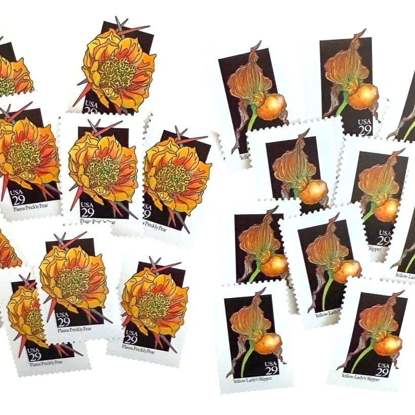 Set of 50 USPS Mail Stamps UNUSED – Vintage Yellow/Orange/Green Flowers, 29 Cent