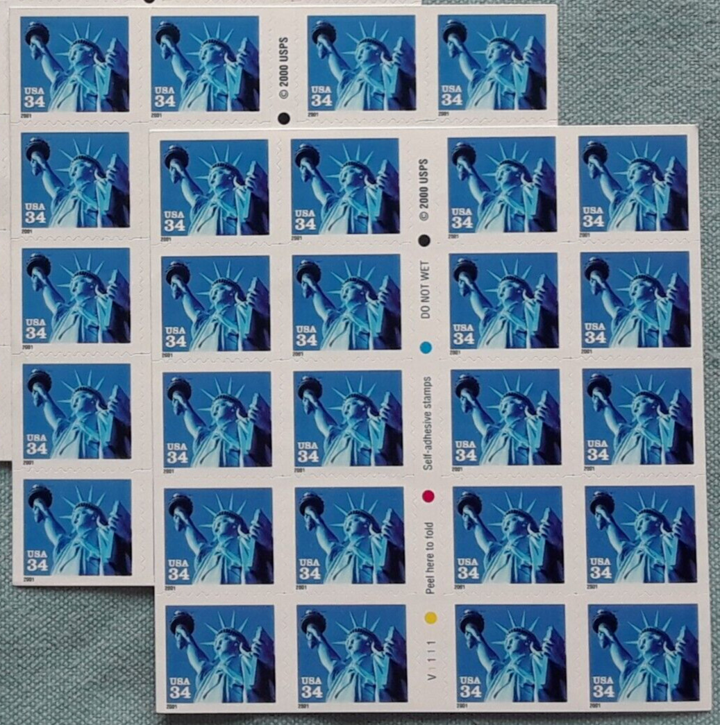 TWO Sheets x 20 = 40 Of STATUE OF LIBERTY 34¢ US Postage Stamps. USA Scott 3485b