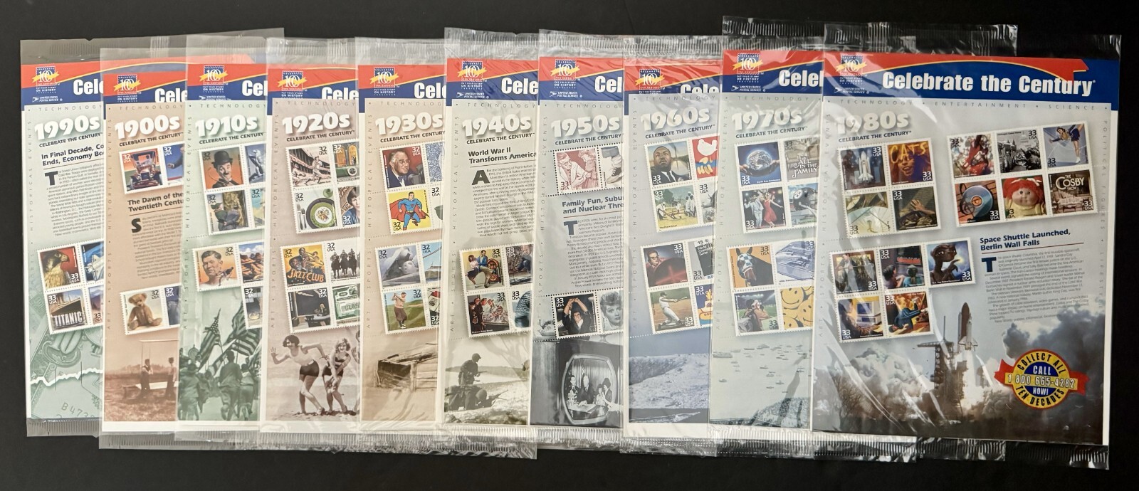 CELEBRATE THE CENTURY 1900-1990. Complete 10 Sheet Set of USPS Stamps