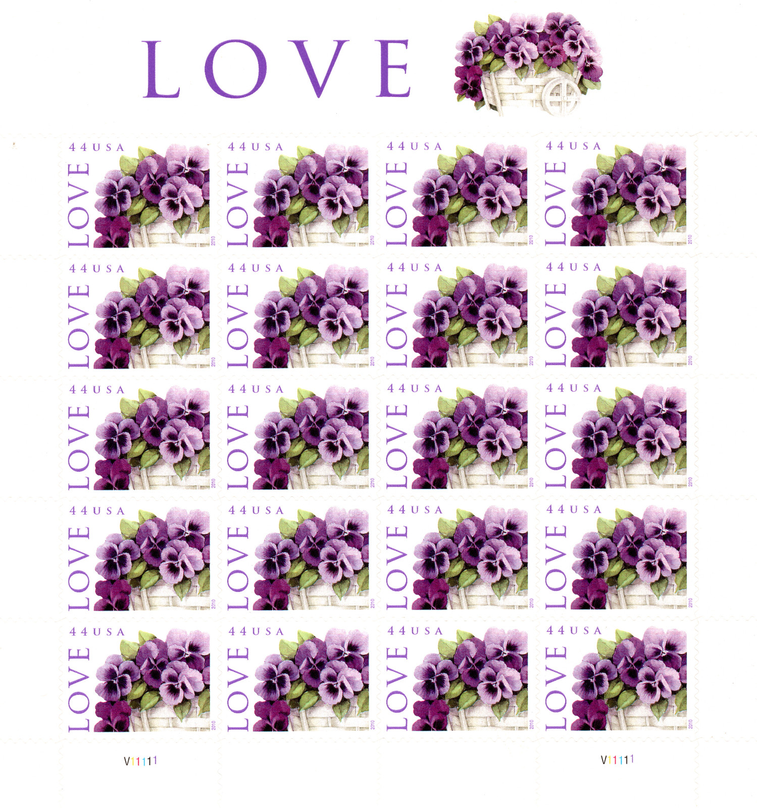 USA 2010 LOVE, PURPLE PANSIES, 20 STAMPS PANE,44 CENT, SCOTT 4450 MNH