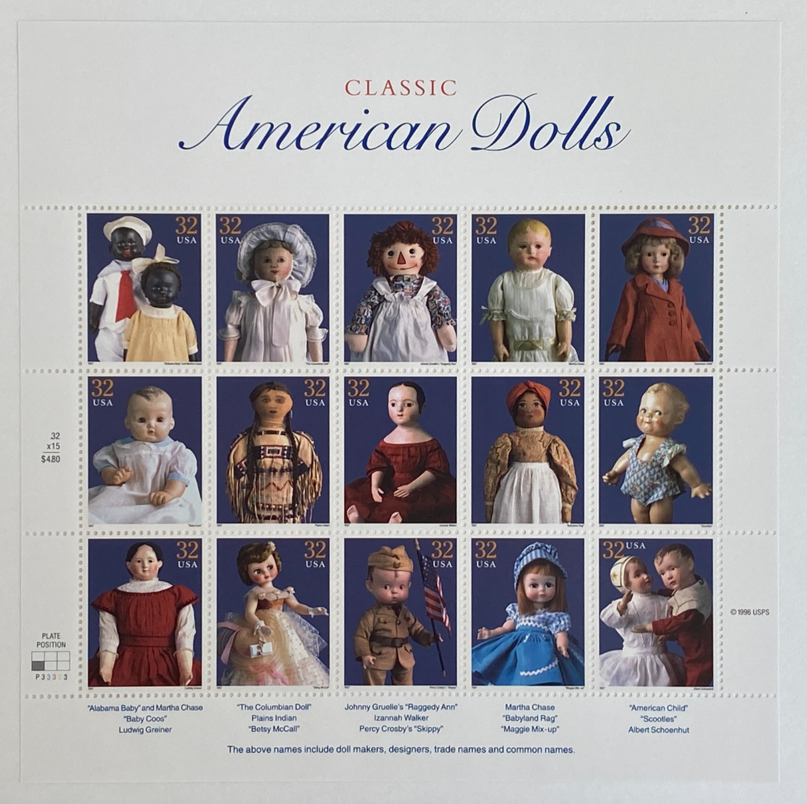 Scott #3151 – 32¢ “Classic American Dolls” Pane of 15 – Free Shipping #1