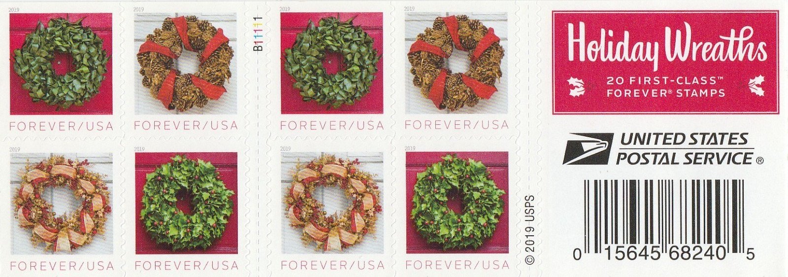 2019 USA #5424-27b Forever Holiday Wreaths – Booklet of 20 Christmas Postage