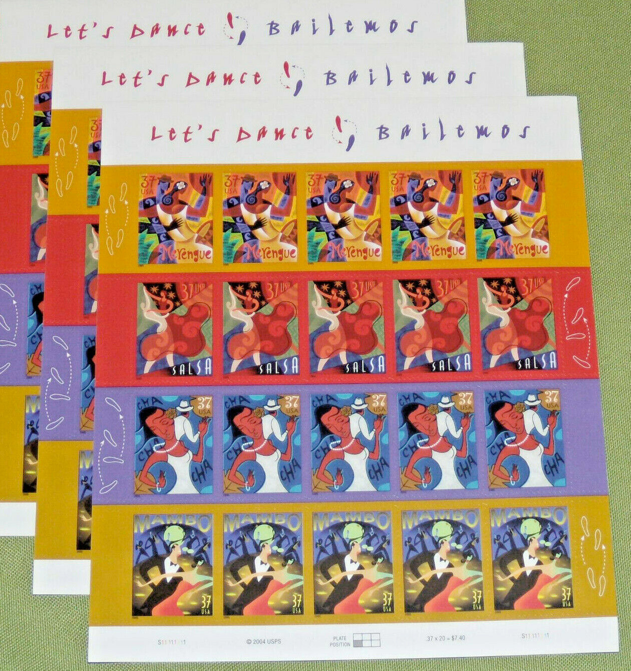 Three Sheets x 20 = 60 of LET’S DANCE BAILEMOS 37¢ US Stamps. USA Sc # 3939-3942