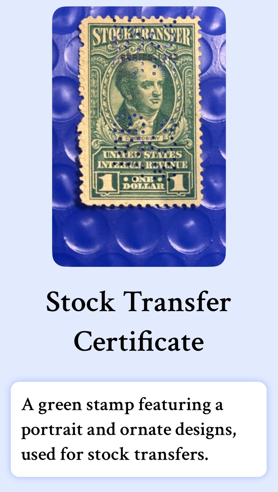 United States Internal Revenue $1 Stock Transfer Stamp – Machine Cancelled