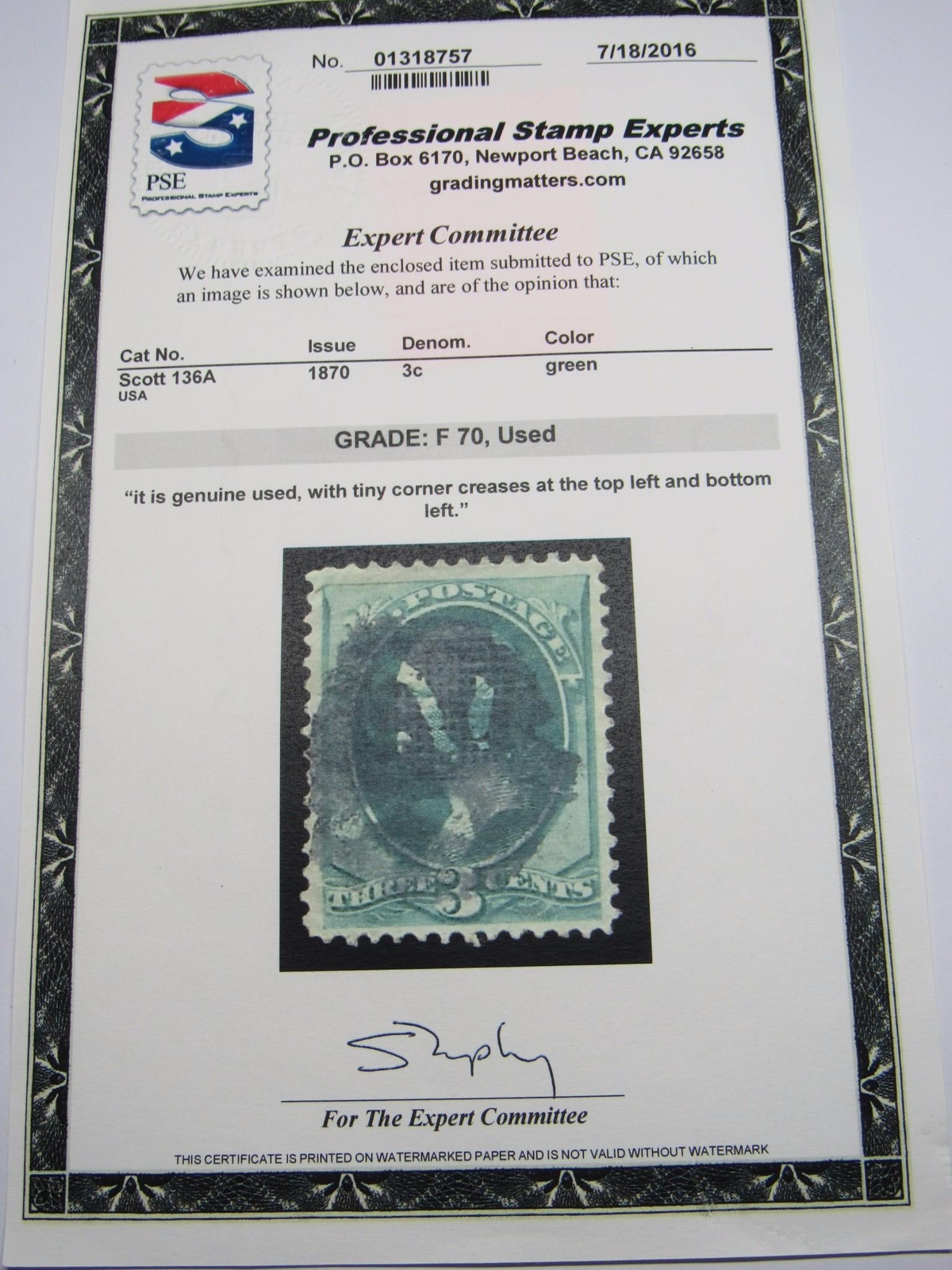 PSE Certified Stamp! 1870 U.S. POSTAGE 3¢ GR-F70, USED Stamps STP-31-IB