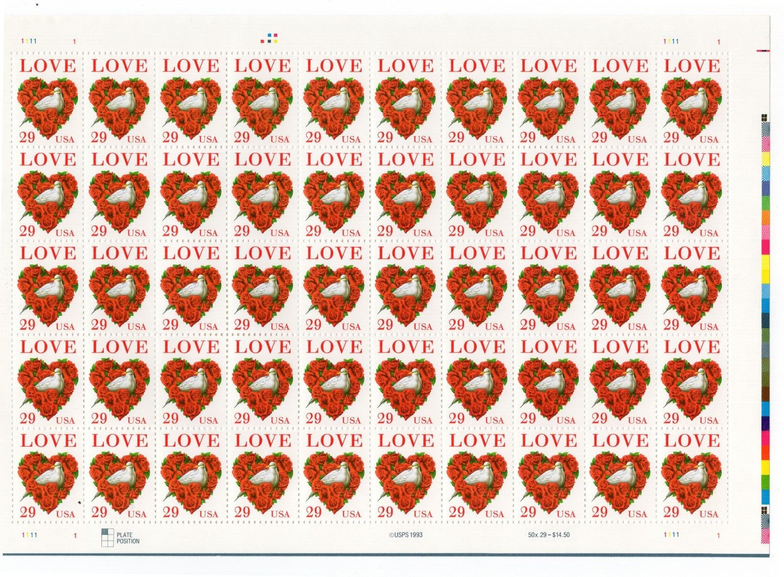 US 1994 SC 2814c 29c Love Dove & Heart – Sheet of 50 MNH
