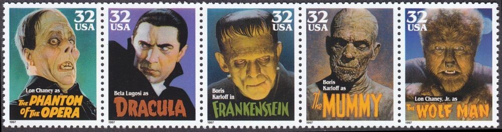 Classic Movie Monsters 1996 Vintage US MINT NH Strip of 5 Stamp set MNH 3168-72