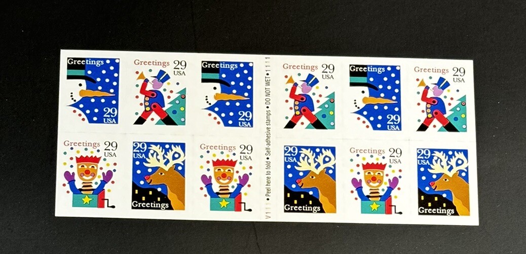 CHRISTMAS .29 cent PANE -12 stamp Vintage Postage Snowman Reindeer Soldier