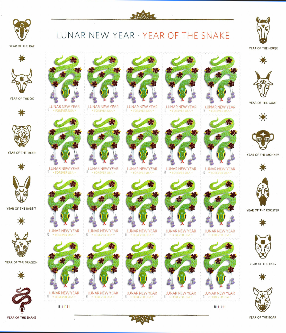Pane of 20 USPS Chinese Lunar New Year: Year of the Snake Forever Postage Stamps