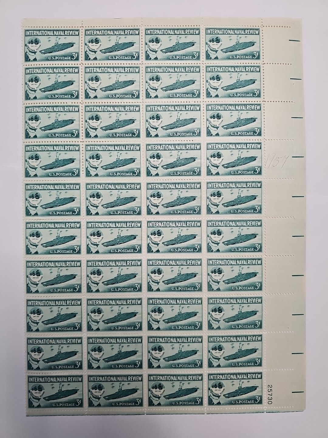 Stamp US Postage 3c 3 Cent Sheet OF 40 Stamps International Naval Review Jamesto