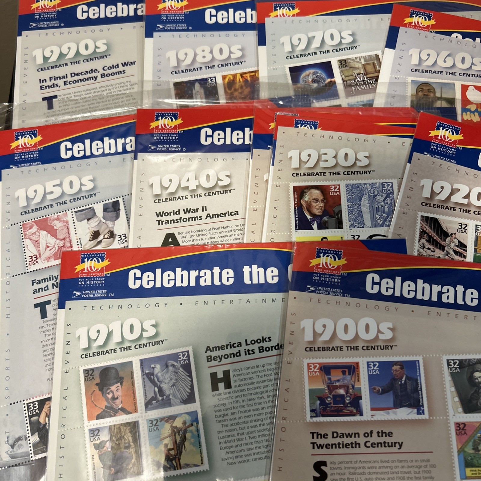 CELEBRATE THE CENTURY 1900-1990. Complete 10 Sheet Set US Stamps USA # 3182-3191