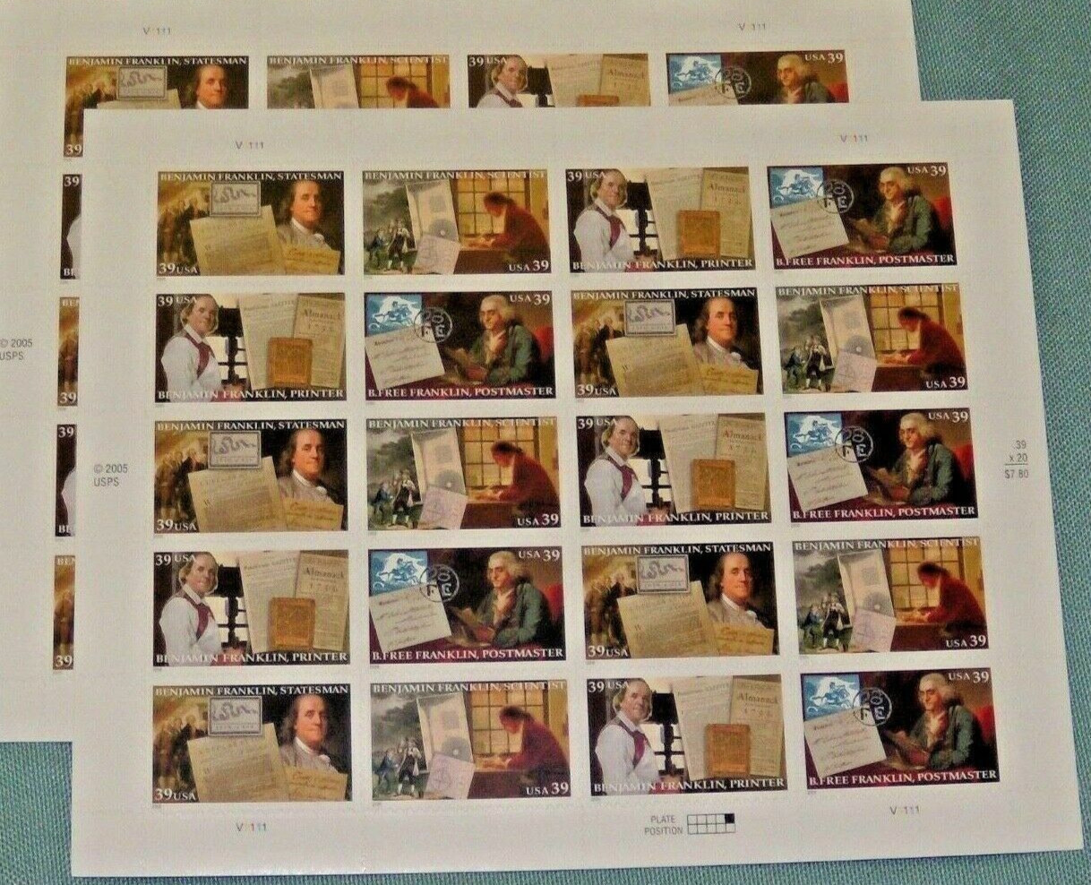 Four Sheets x 20 = 80 of BENJAMIN FRANKLIN 39¢ US Postage Stamps USA # 4021-4024