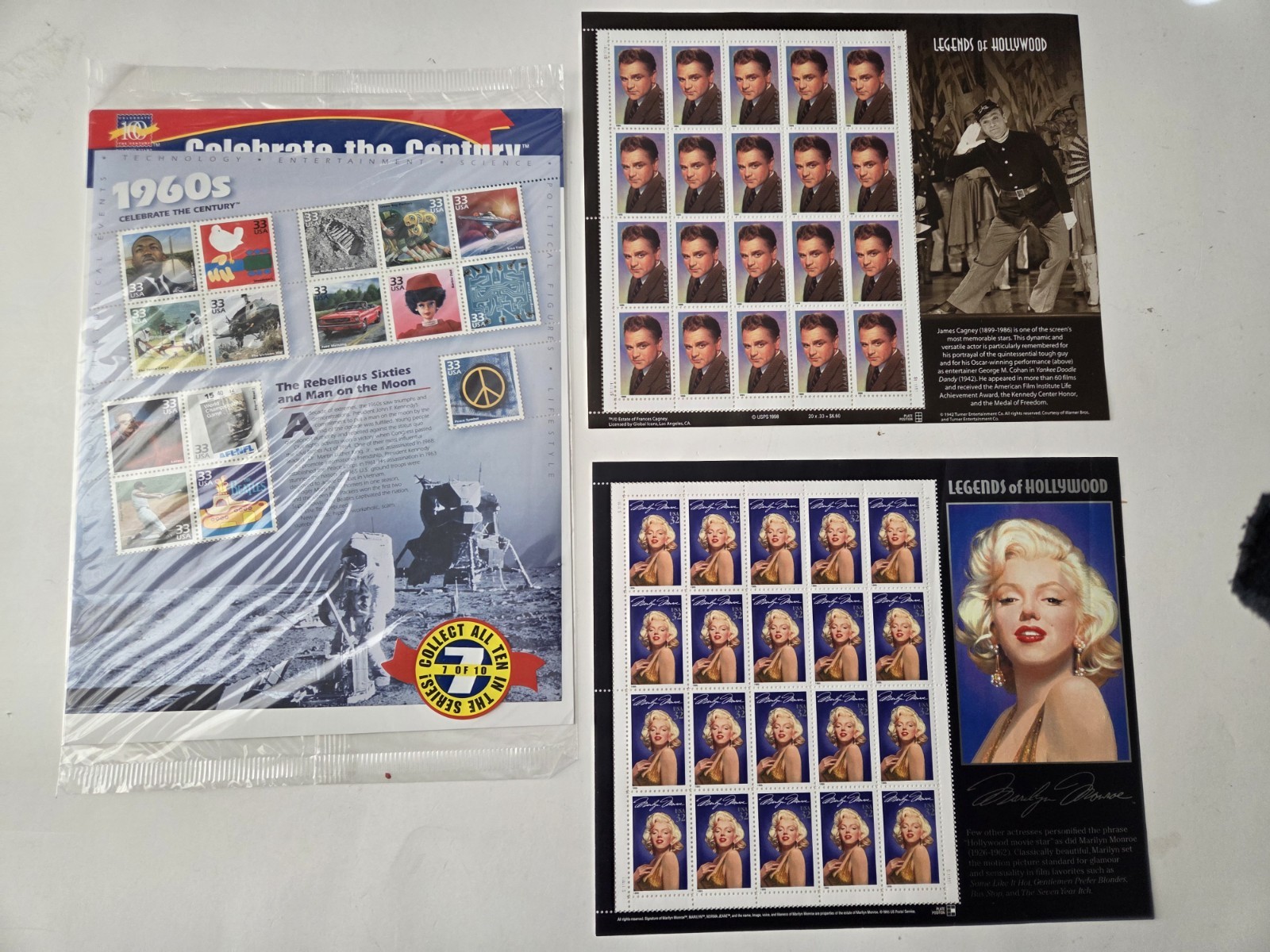 Vtg US Stamps & Foreign Loose Stamps Lot & Unused Sheets MNH 1960s Cagney Monroe