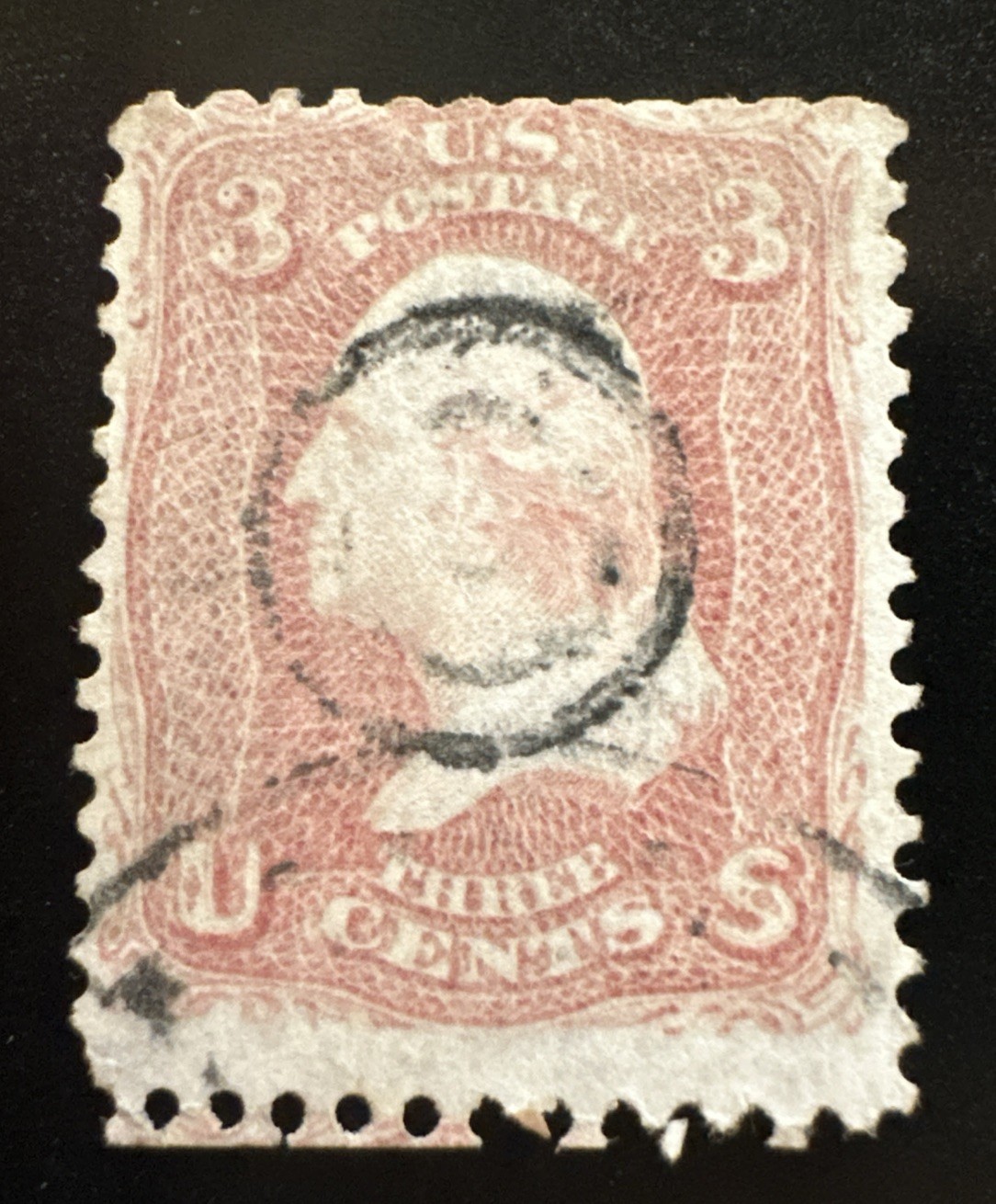 U.S. 1861 3c Washington Rose Pink -‘On The Nose Cancel’ Scott #64b