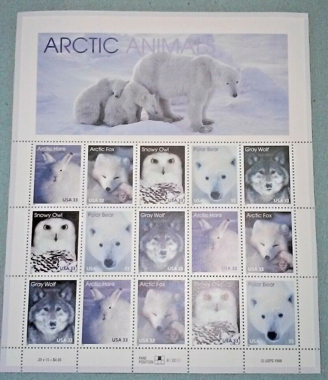 Four Souvenir Sheets x 15 = 60 of ARCTIC ANIMALS 33¢ US Stamps. USA Sc 3288-3292