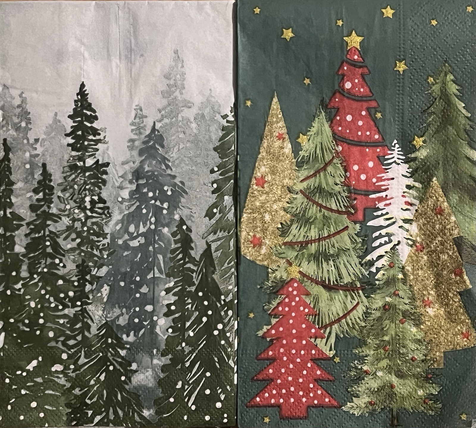 TWO Individual paper dinner Decoupage napkins Christmas Trees /snow Holiday