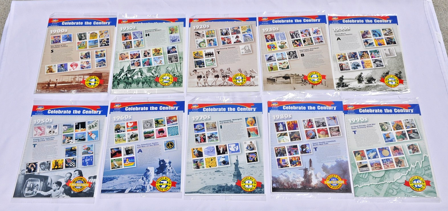 New, Celebrate the Century 1900-1990 Complete 10 US Sheet Set, Face value $48.90