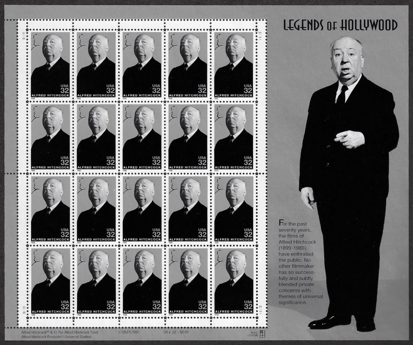 US Stamps, Full Pane of 20,ALFRED HITCHOCK-LEGENDS HOLLYWOD, #3226, MNH