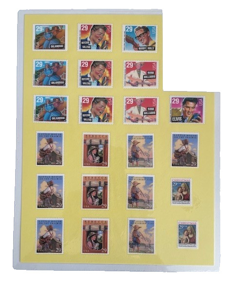 22 Misc. Laminate 29 cent US Postage Stamps -Elvis, Holly, Valens, Williams etc.