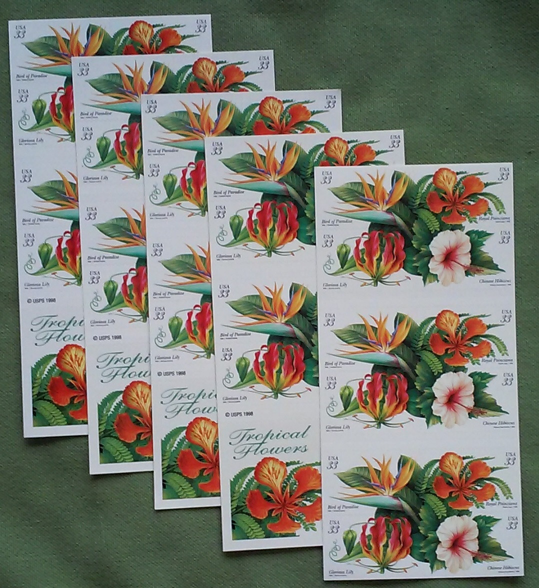 Two Booklets Panes x 20 = 40 of TROPICAL FLOWERS 33¢ US Postage Stamps 3310-3313