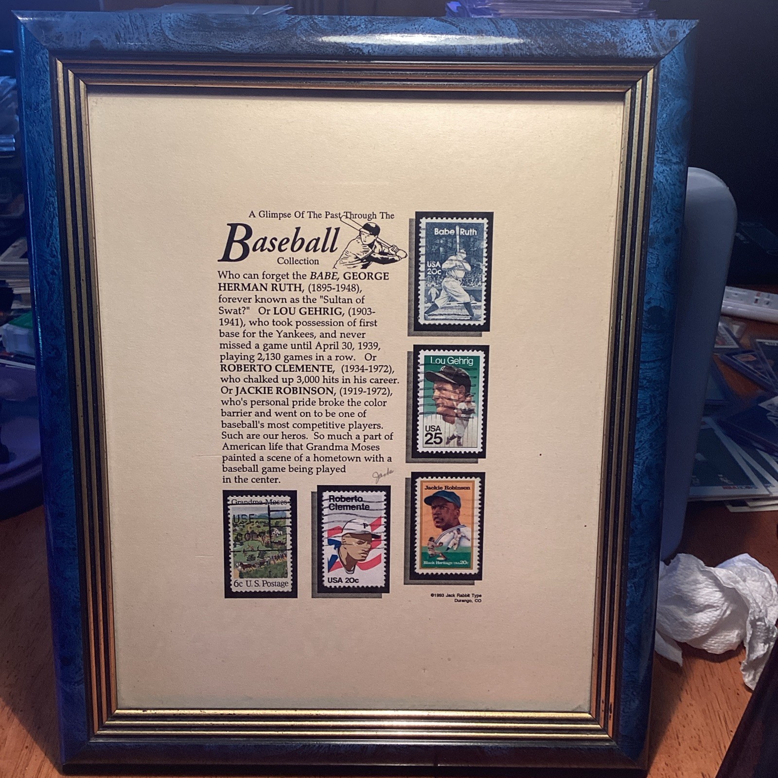 Vintage Baseball Stamp Collection Picture Frame Of Babe, Lou, Roberto, Jackie