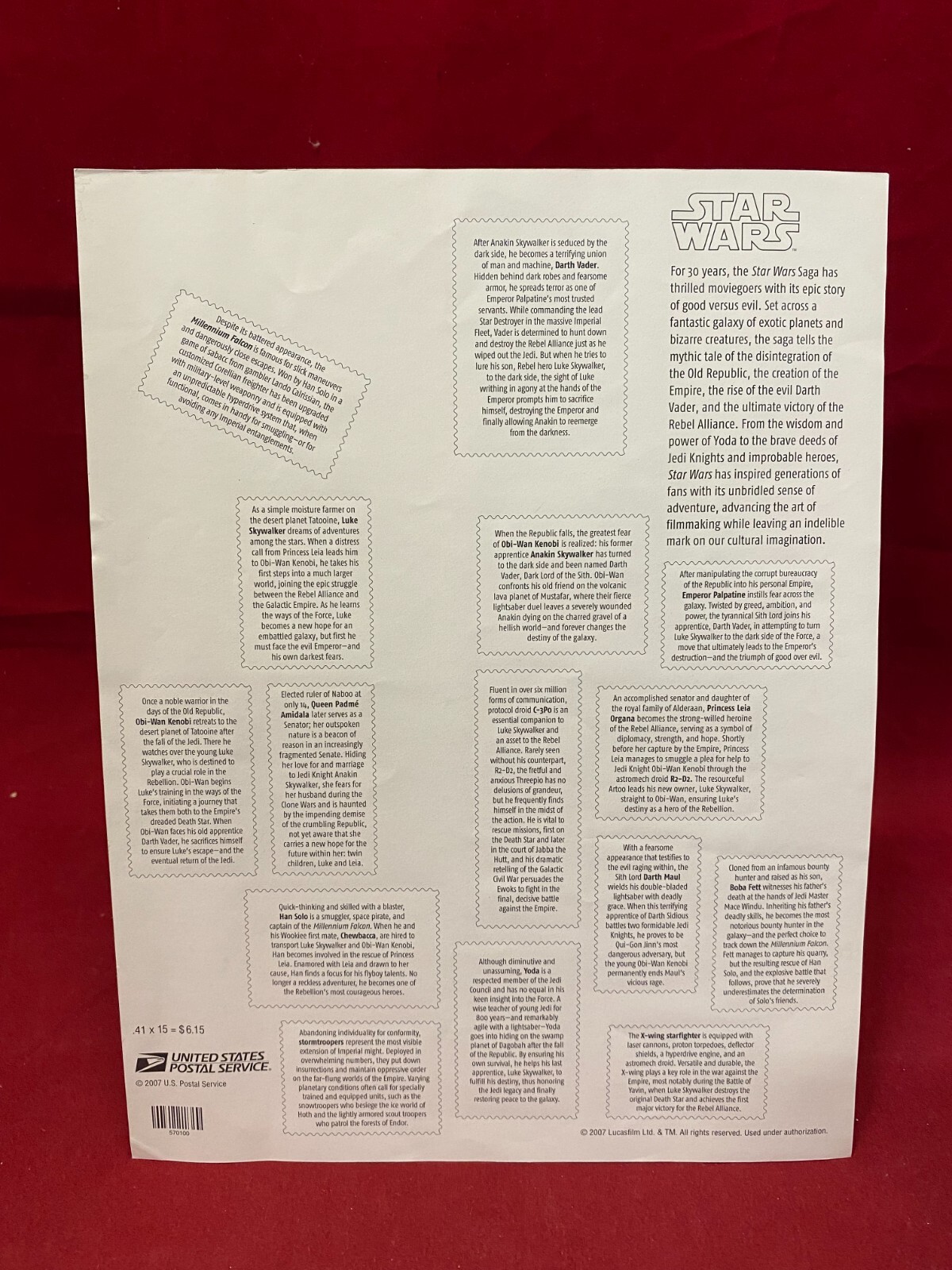 Star Wars USPS Postage Stamp Sheet 2007 15 .41 Cent Drew Struzan Art New