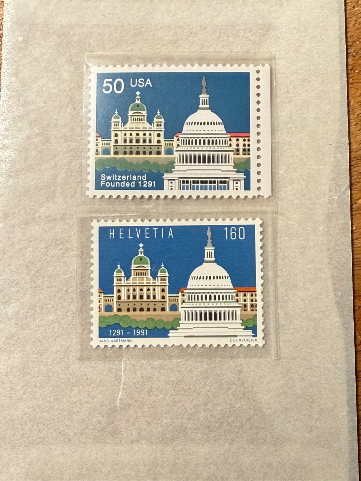 USA Switzerland Founded 1291 50 Cents Stamp & Matching HELVETIA 160 Stamp