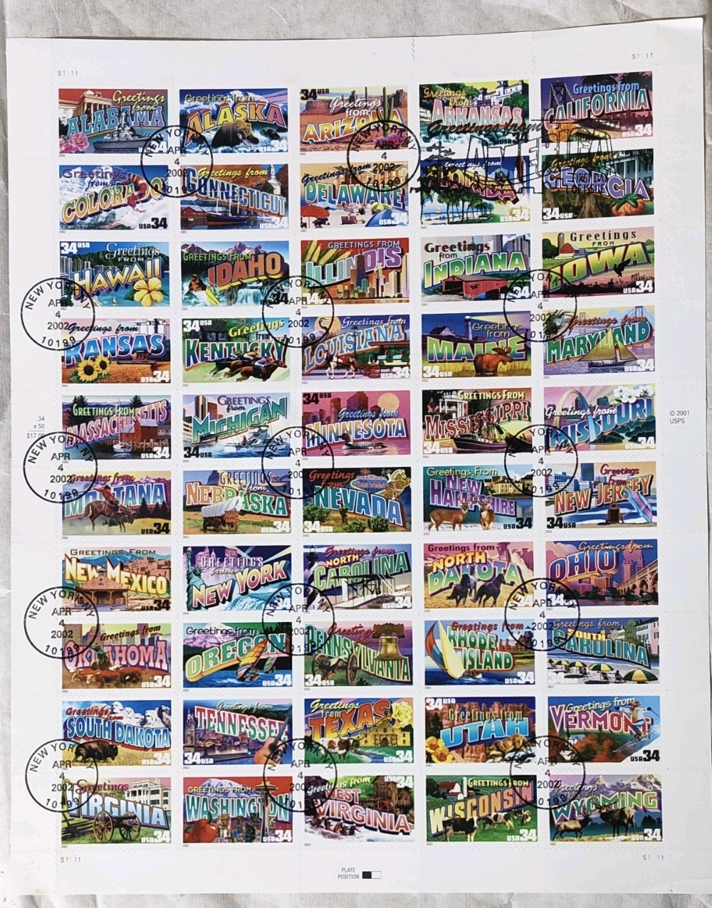 US Postage Stamps Greetings From America 34 Cent Sheet of 50