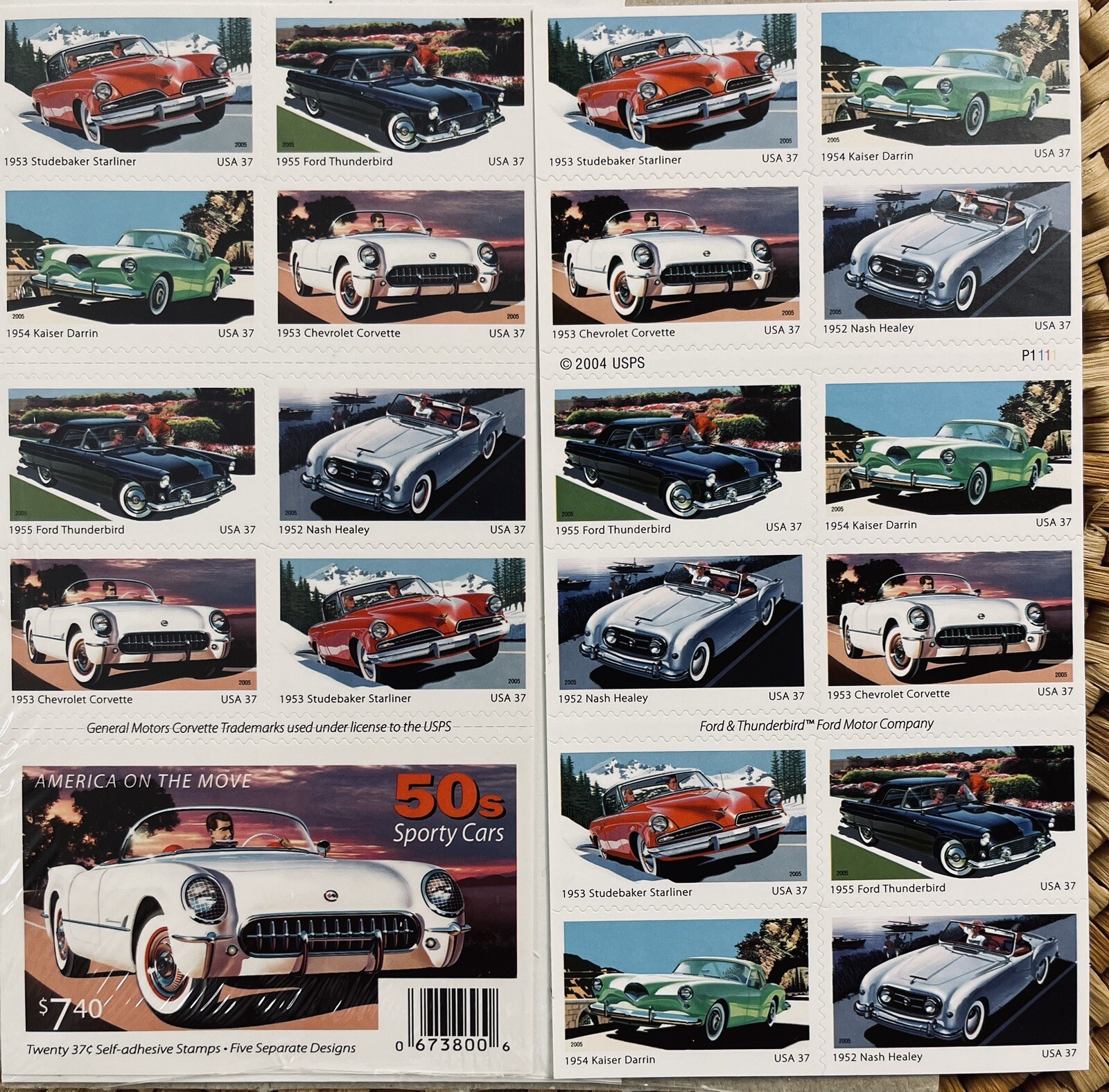 2005 US AMERICA ON THE MOVE 50’s SPORT CARS 2 PANES /BOOKLETS OF 20 STAMPS 37c