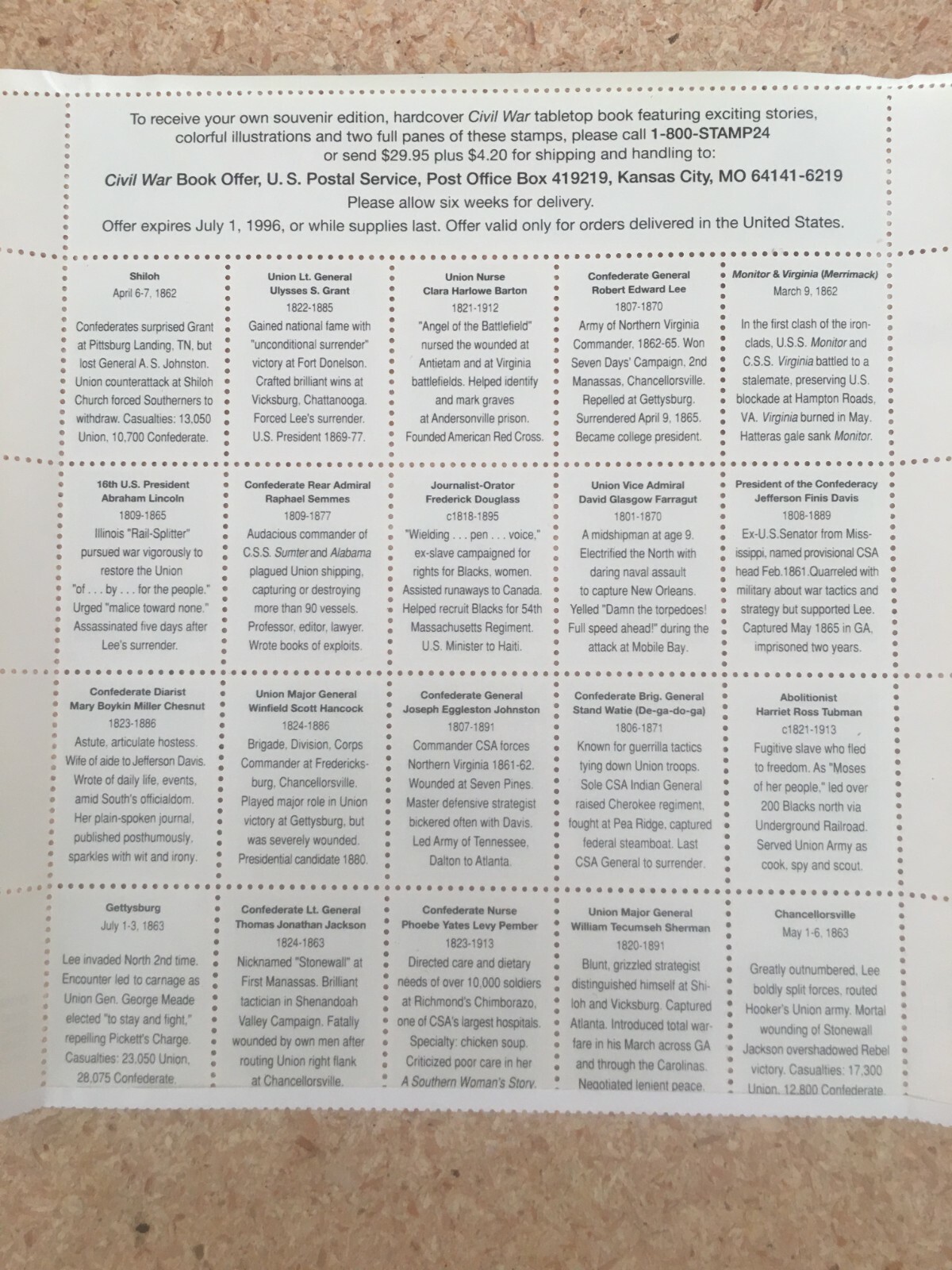 1994 USPS Civil War Full Sheet of 20 Stamps in frame