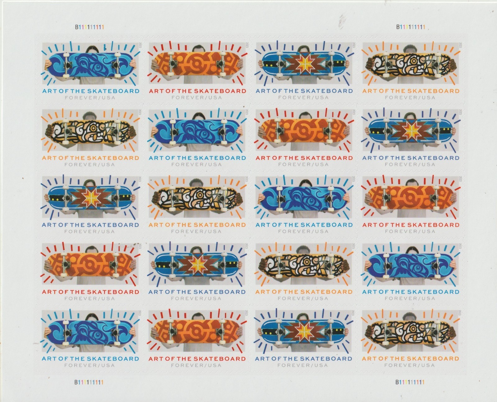 USPS ART OF THE SKATEBOARD SHEET OF 20 one ounce rate stamps sent from OKC, OK