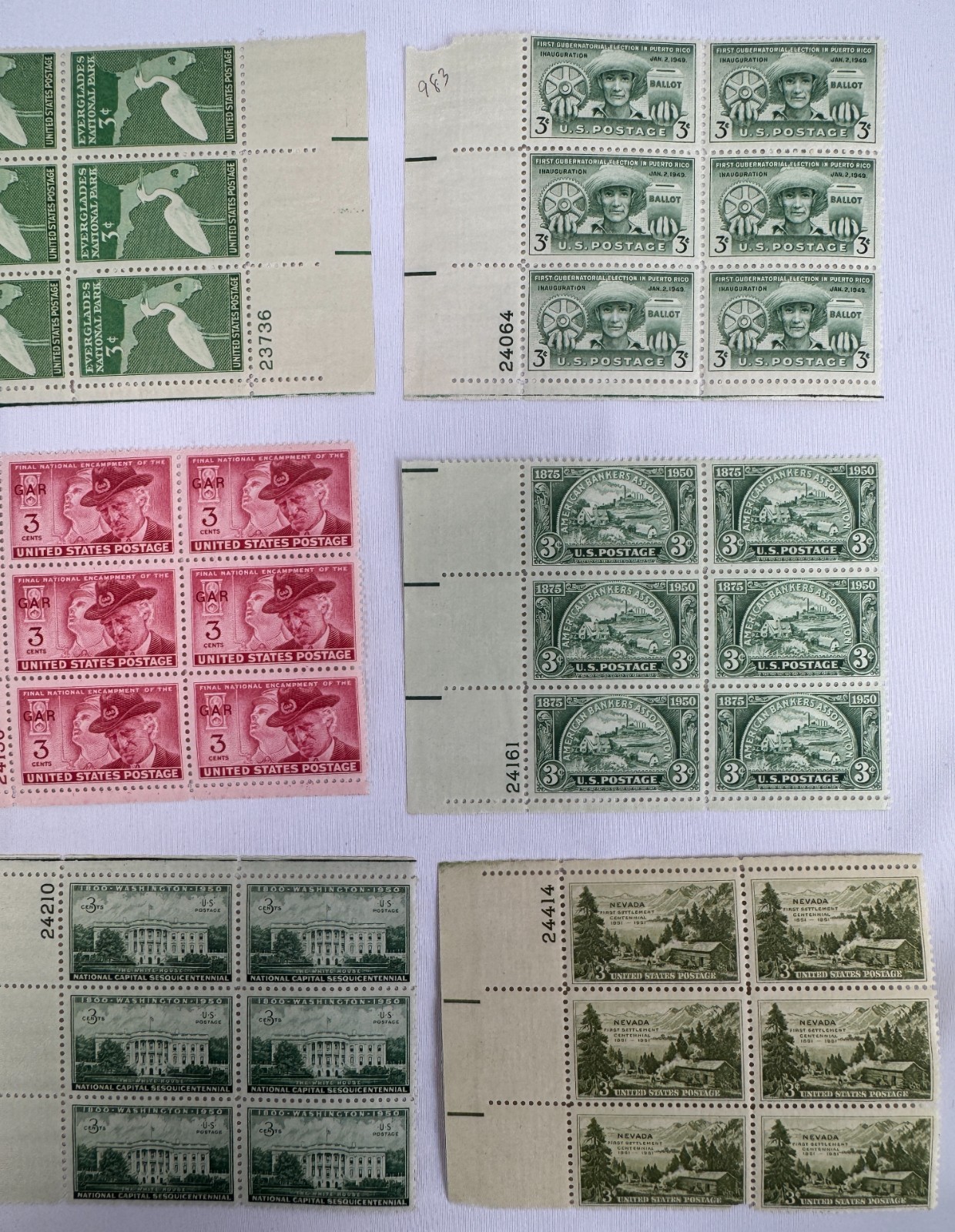 Vintage stamps Mint US Plate Blocks 1949 to 1950 MNH Commemorative