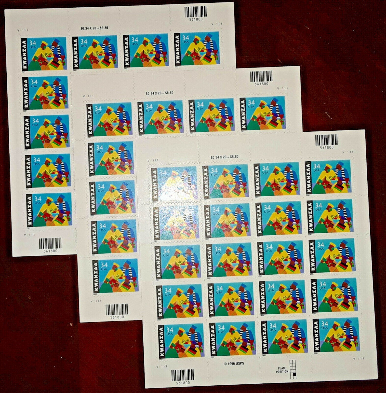 Three Panes x 20 = 60 of KWANZAA 34¢ African-American Holiday US Stamps USA 3548