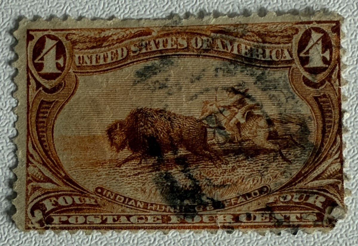 US Stamp Used, Scott #287 1898 Brown Indian Hunting Buffalo 4 Cents