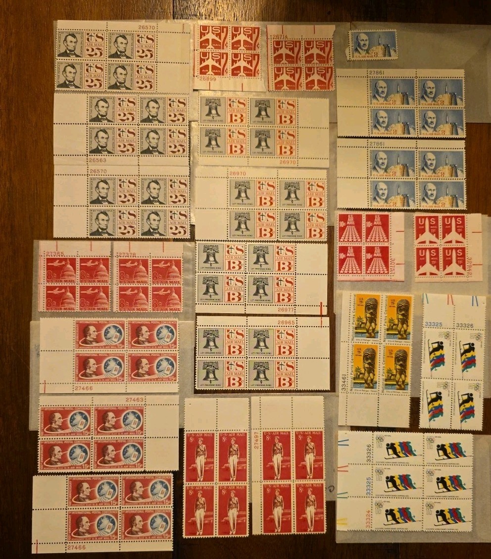 Large Lot of U.S. Mint Plate Blocks – Lincoln, Liberty Bell, Airmail C