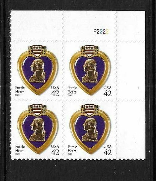 USA SC # 4264 Purple Heart , BLK4 Plate number . MNH