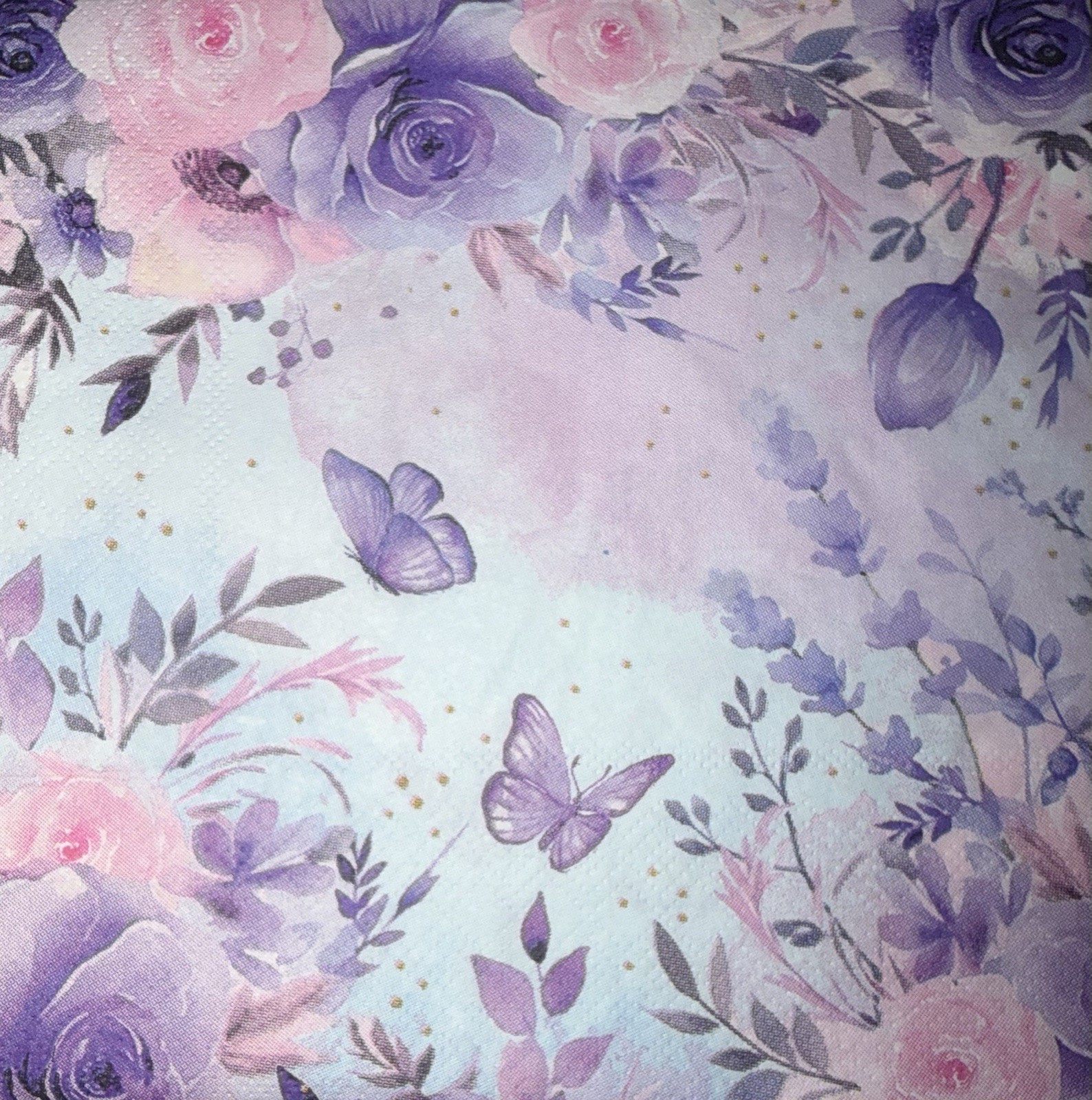 TWO LUNCHEON Decoupage Napkin Butterfly Watercolor Pink Purple Flowers/ 6.5”