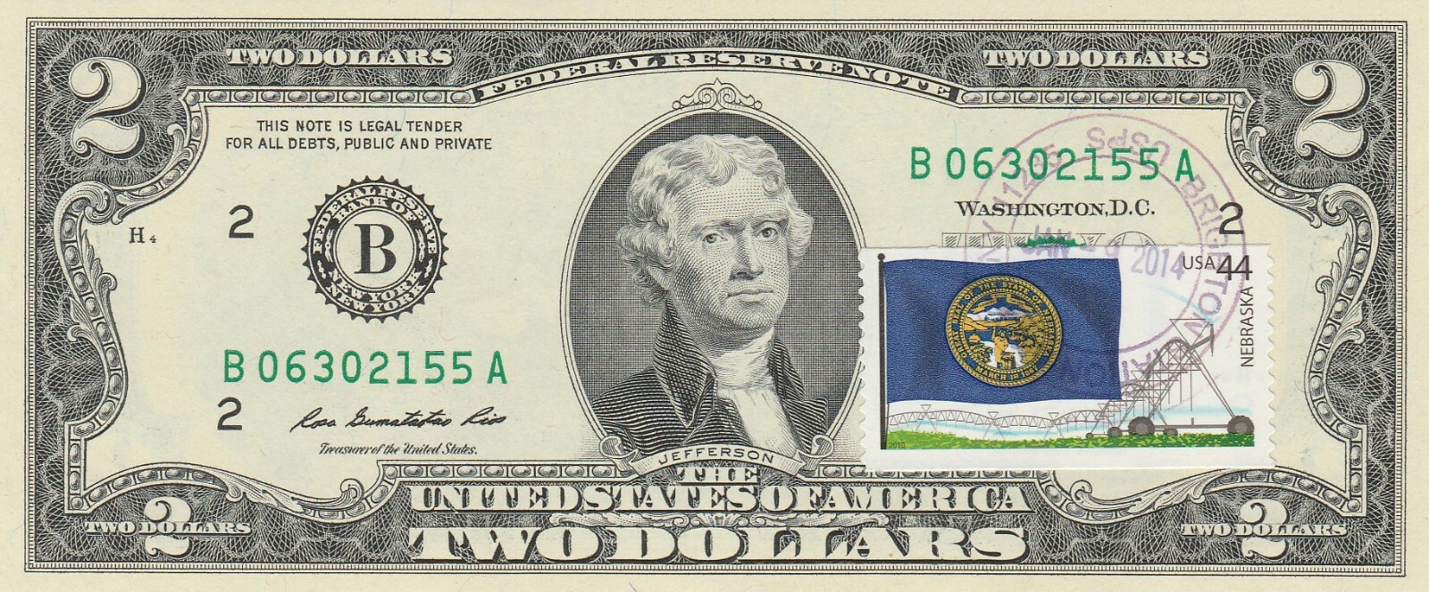 $2 DOLLARS 2009 CANCEL STAMP FLAGS OF OUR NATION NEBRASKA COMMEMORATIVE $125