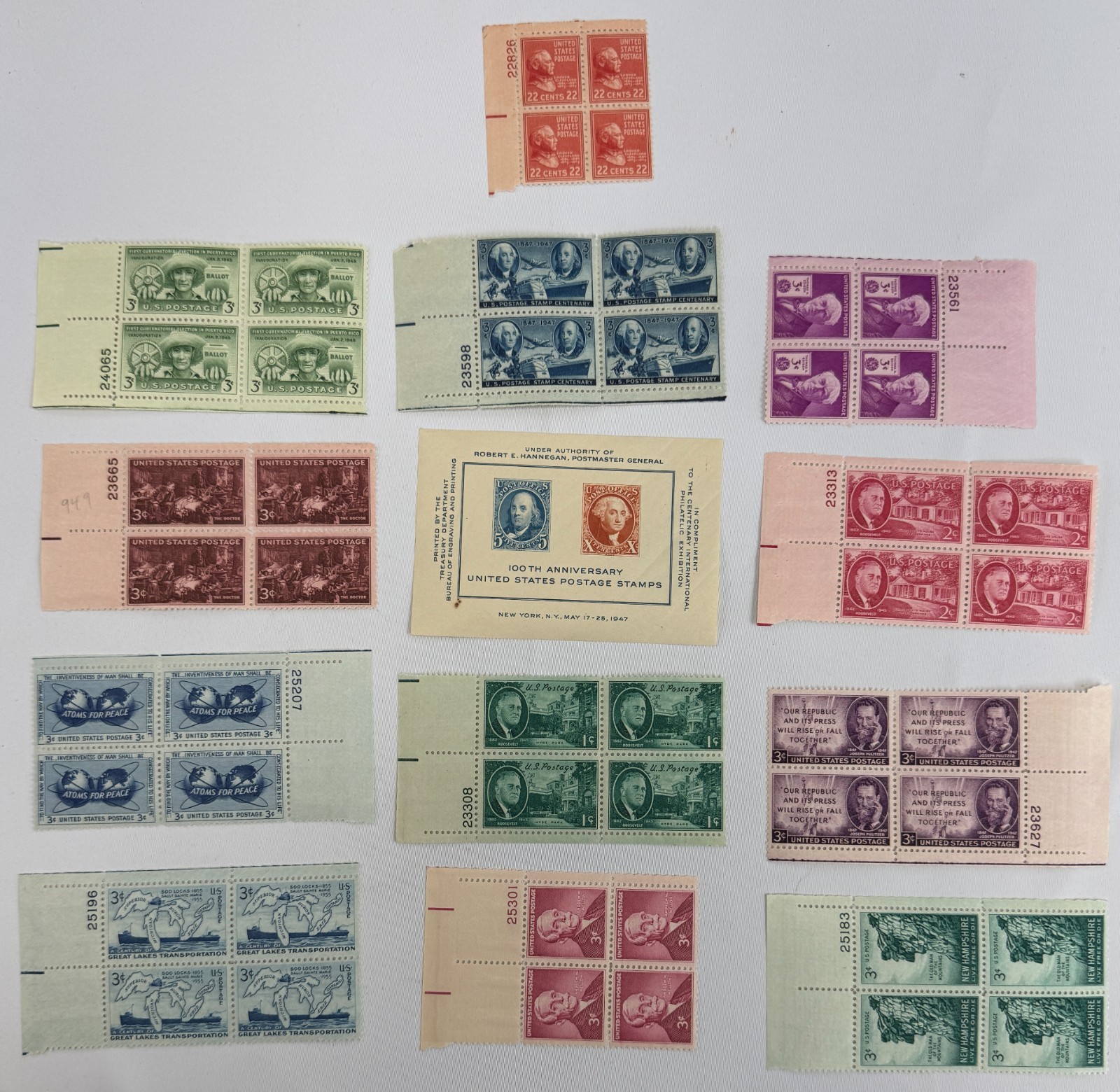 Mint US Plate Blocks and 1947 CIPEX Souvenir Sheet FDR Presidents Americana
